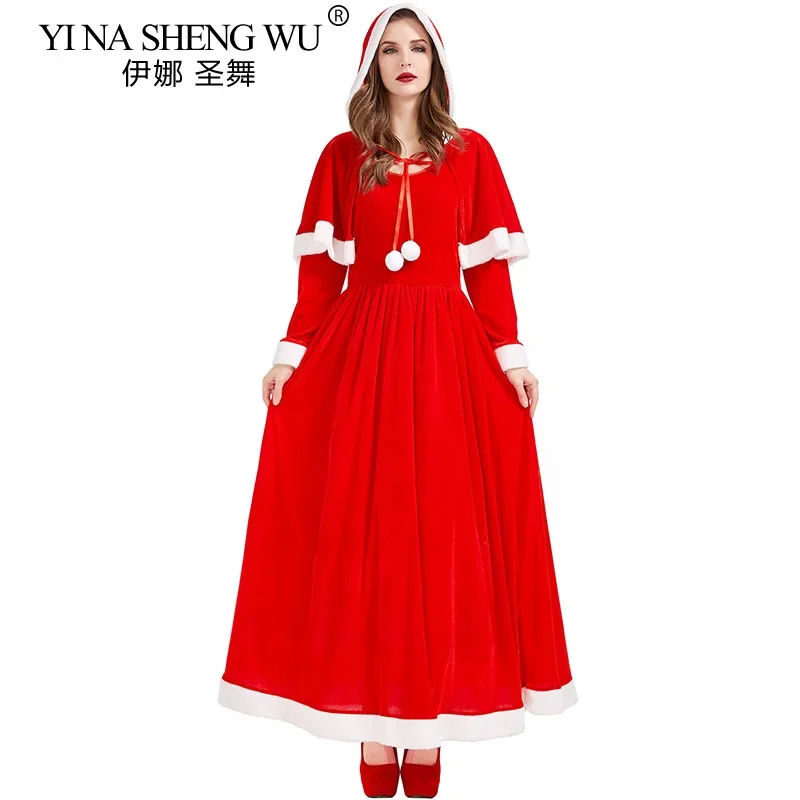 Adult Women Christmas Santa Claus Costume Party Cosplay Christmas Costume Long Red Green Dress Shawl Thick Warm Xmas Cape Gifts