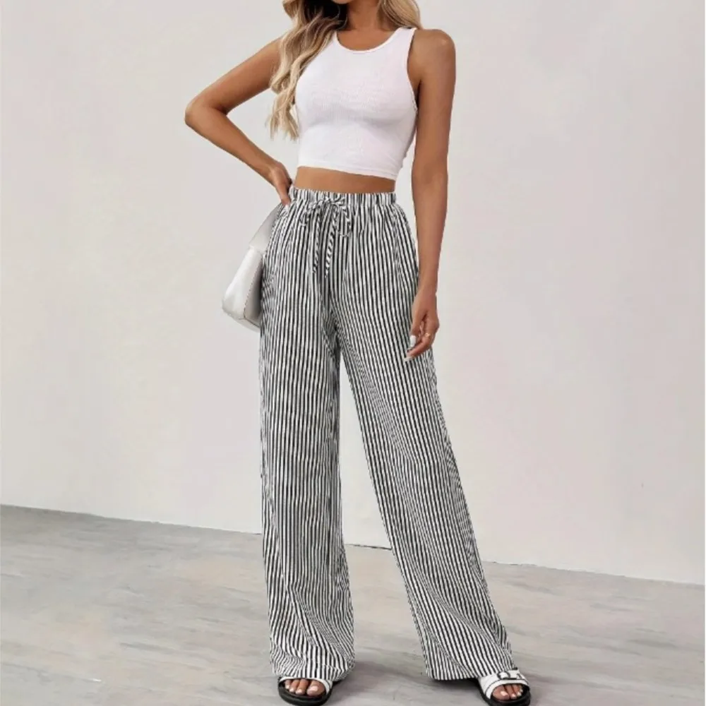 

New Women's Trousers Spring Autumn Stripes Contrasting Colors Loose Comfortable Clothes High-waisted Lace-up Wide-leg Pants