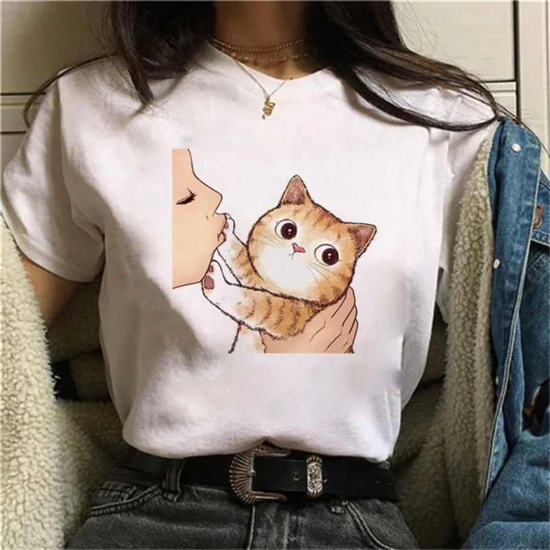 Kiss Cute Cat Cute Cartoon Funny Cat Small People Printing Tide Cool T-shirt Female Harajuku Street Trend Plus Size Short Sleeve