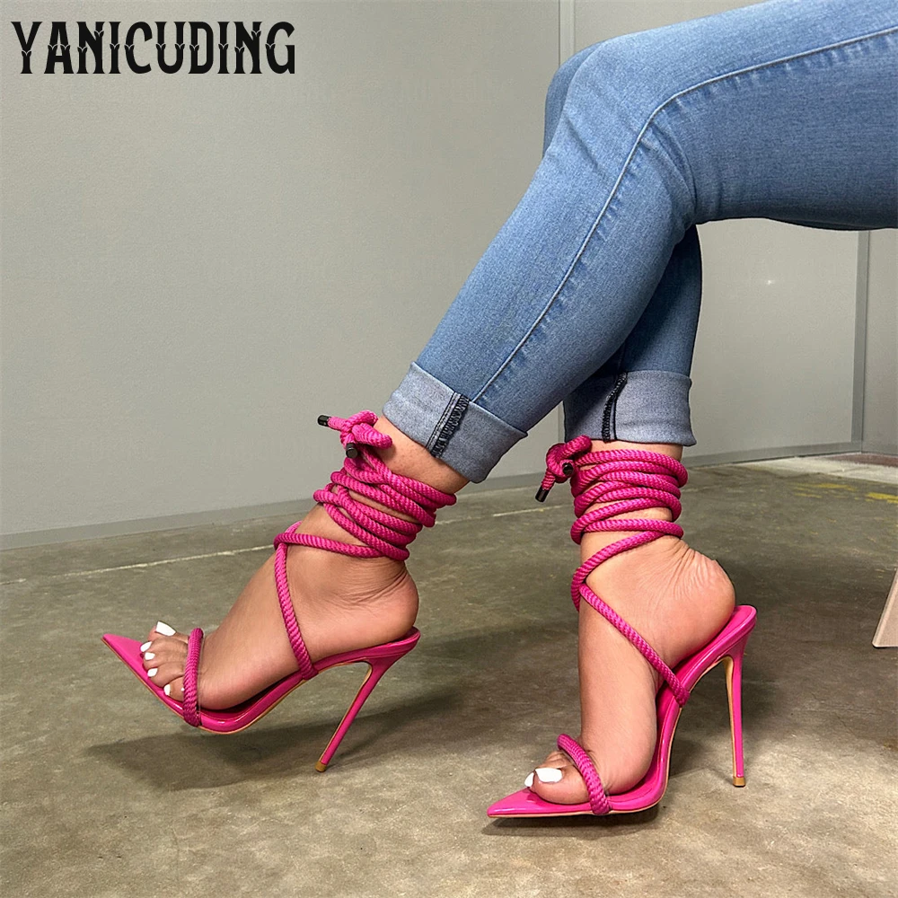 

Glossy Pointed Toe Rope Sandals Multicolor Patent Leather Ankle Strap Summer Heels Sexy Designer Handmade Women Stiletto Sandals