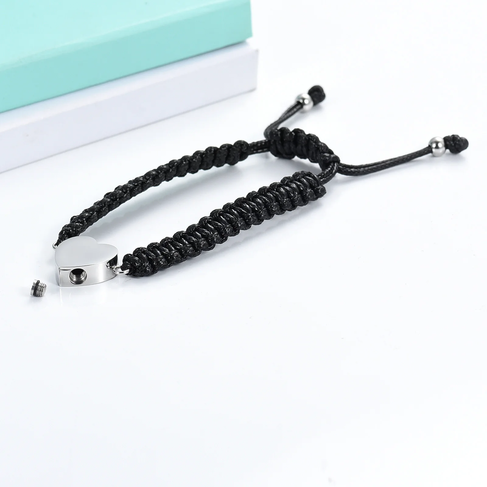 Heart Shape Urn Bracelet for Human/Pet Ashes Black Braided Rope Adjustable Bangle Keepsake Memorial Jewelry