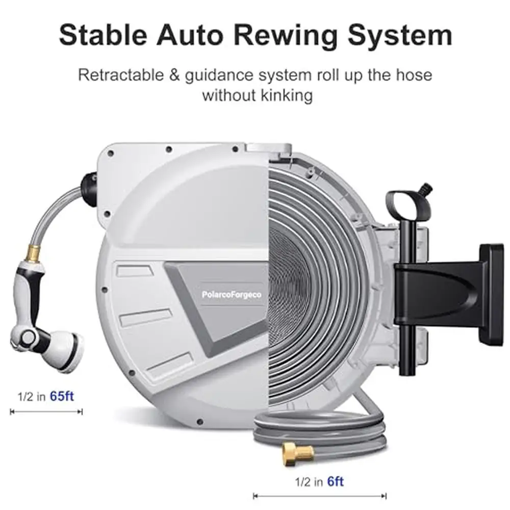 Retractable Hose Reel 65ft Wall Mounted Hose Reel with 10-Function Nozzle Lock at Any Length 180° Swivel Bracket Auto Rewind