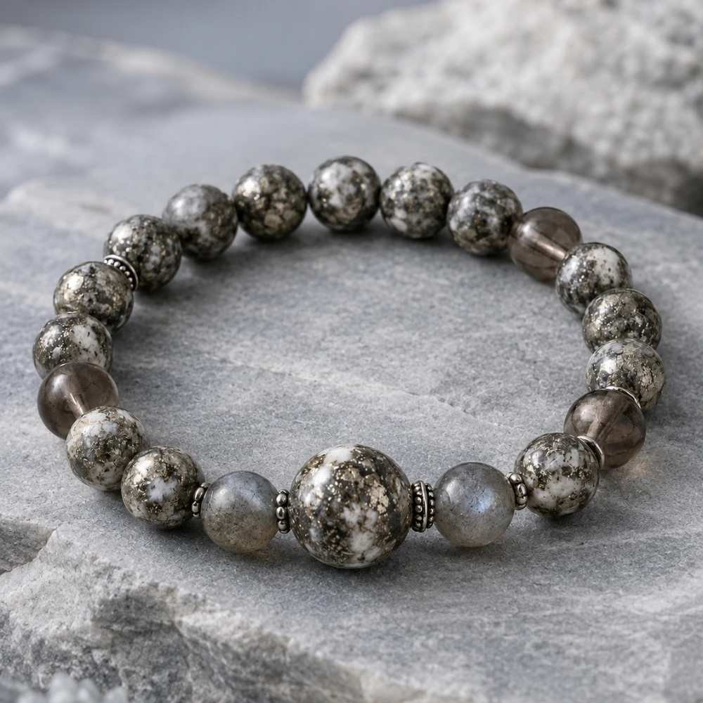 

Natural Pyrite Quartz Bracelet for Men and Women, Smoky Quartz Labradorite Beaded Jewelry Gift