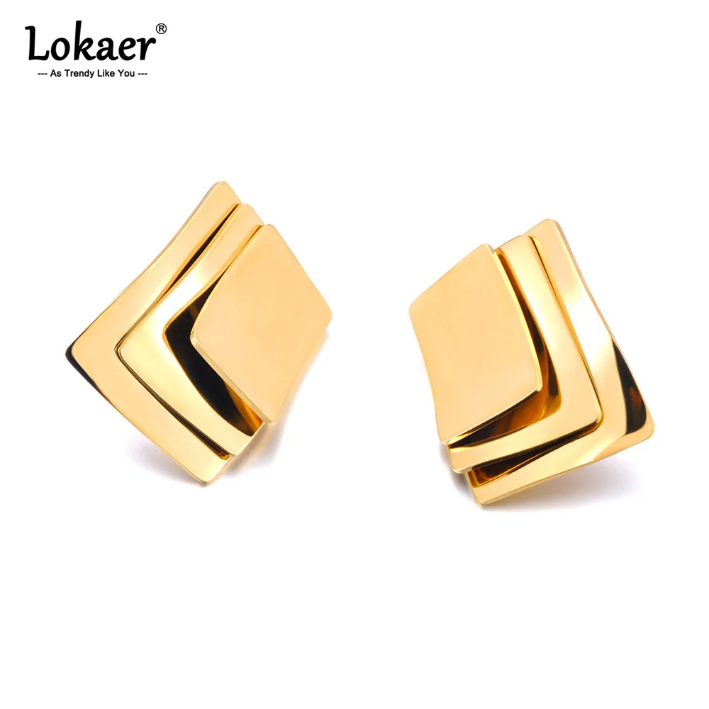 Lokaer Handgefertigte geometrische quadratische geschichtete Ohrstecker aus Edelstahl für Frauen, 18 Karat vergoldetes Metall, wasserdichter Schmuck E24049