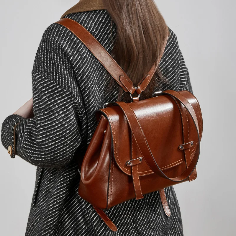 Genuine Leather Waxed Cowhide Large Capacity Womens Backpack Shoulder Handbag Crossbody Tote Casual Bag