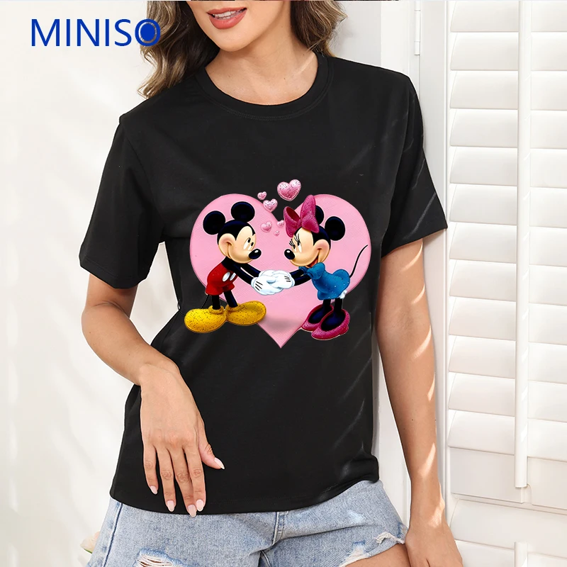 

Woman Clothing Disney Mickey Minnie Printed Cotton T-shirt For Couples Loose Top Plus Size Top Ladies Trends 2025 New Clothes