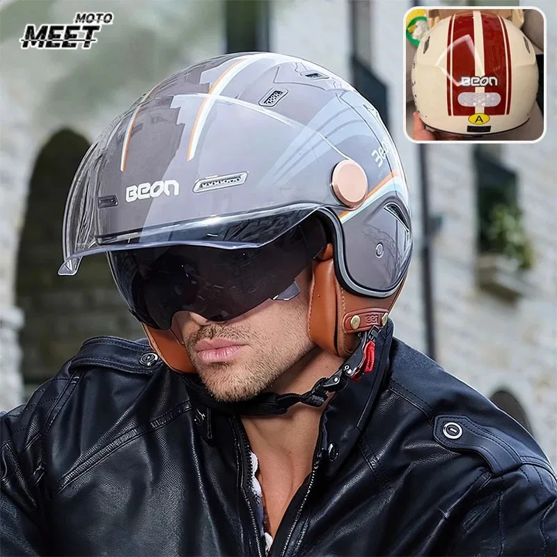 BEON Retro Motorcycle Helmet ECE2206 Casco De Half 3/4 Dual Visor Capacete De Moto Accessories Cascocascospara Moto
