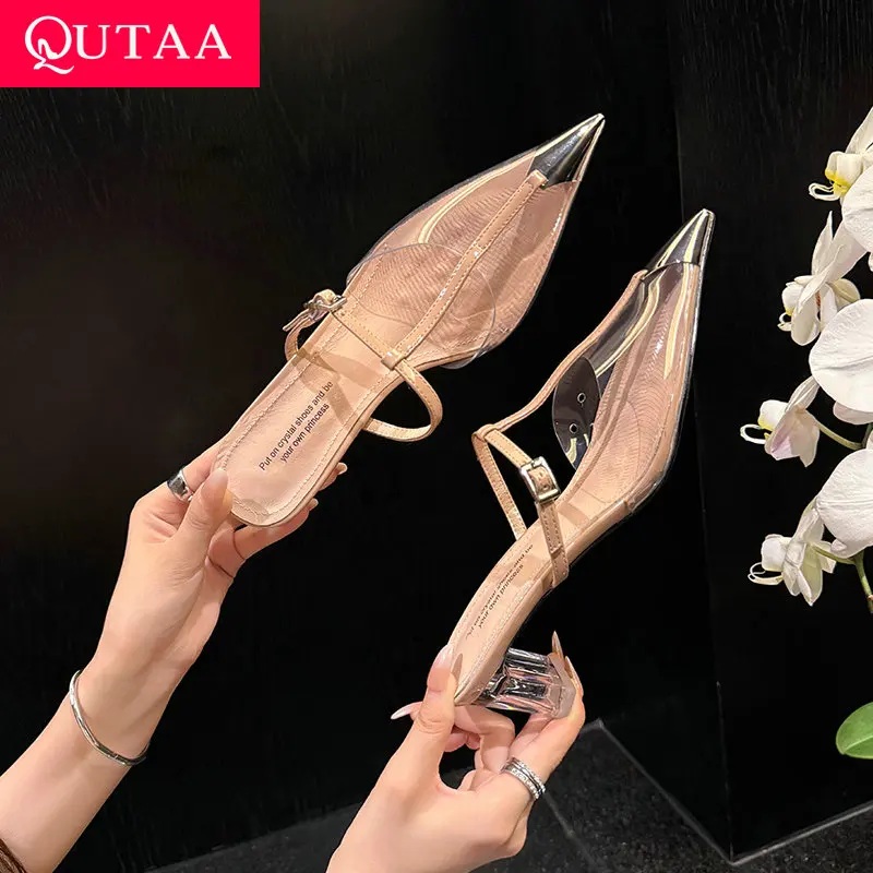 

QUTAA 2025, модные пикантные женские сандалии, летние туфли на высоком каблуке из ПВХ, вечерние тапочки с острым носком, модельные размеры 34-39