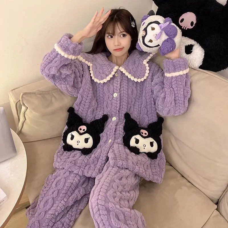 Sanrio Kit Girl Coral Fleece Flip Collar Long Sleeves Keep Warm Pajama Set Winter Kawaii Kuromi Comic Thickening Home Clothes