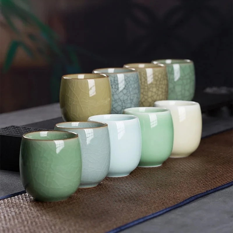 2pcs/Set 130ml Chinese Longquan Celadon Master Cup Handmade Household Kungfu Ceramic ice cracked Tea Bowl Tea Ceremony Drinkware