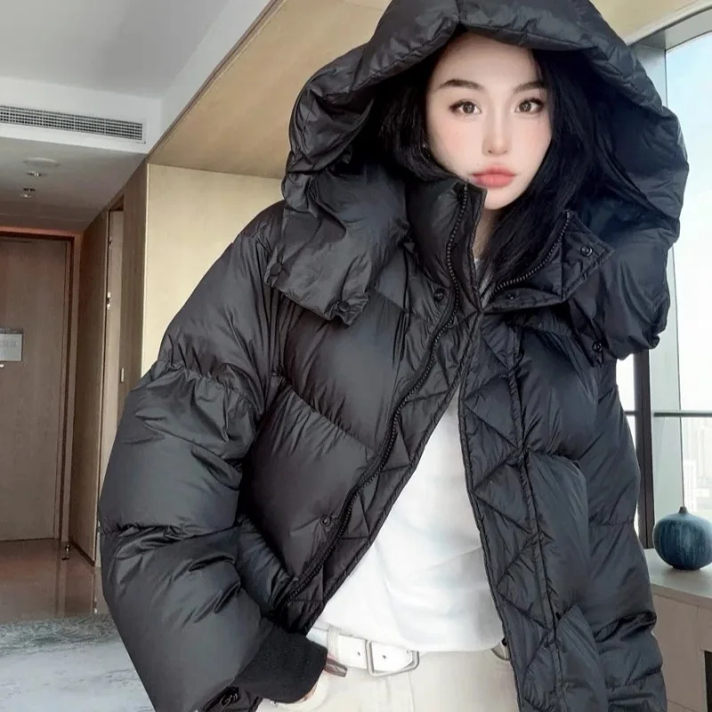 Fashion Thicken Bread Style Jacket Women's Short Coat Hooded Loose Cotton Padded Coat Trendy Commute Style Zipper Female Parkas