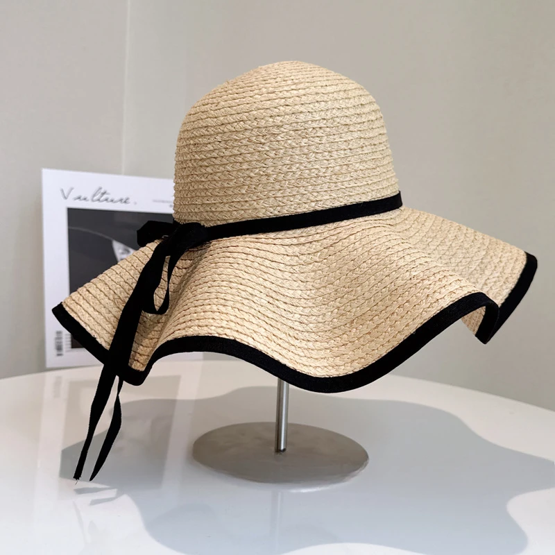 Hand woven lace ribbon Fisherman hat Women's summer hand hook Raffia pot hat High quality everything stylish beach hat