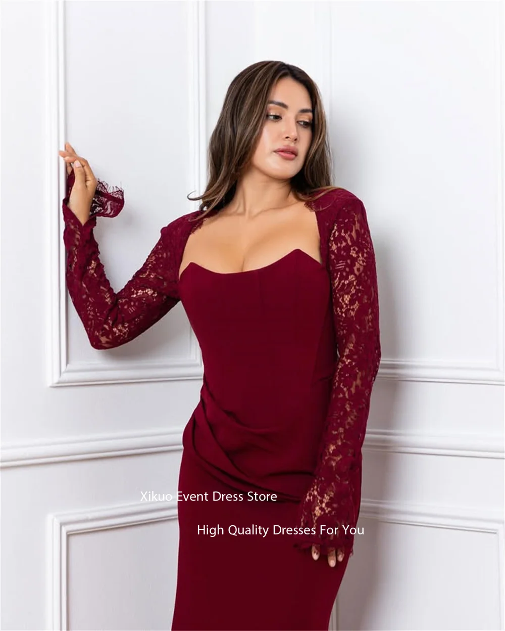 Xikuo Lange Applikationen Spitze Ärmel Abendkleider Burgund Gerade Robe Cocktail Femmes Satin Chic Robes De Soirée Angepasst