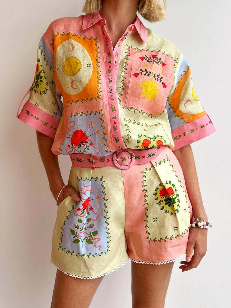 Fashionable Casual Printed Shirt And Shorts Set Women's Autumn Collection Two-Piece Suit European Style Button-Up Top