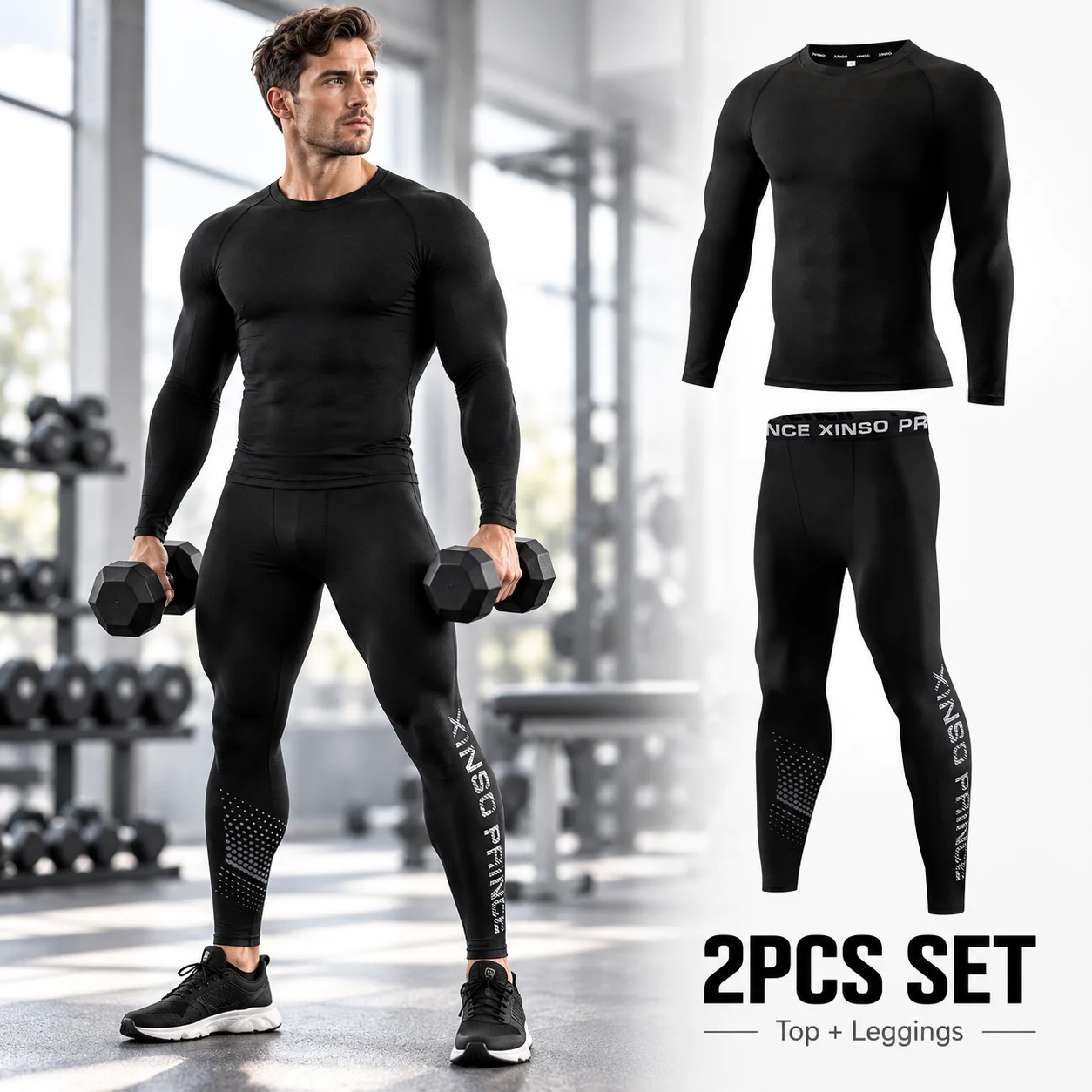 2PCS Men's Compression Set Long Sleeve Shirt Leggings Quick Dry Running Gym Workout Fitness Training Base Layer Sportswear