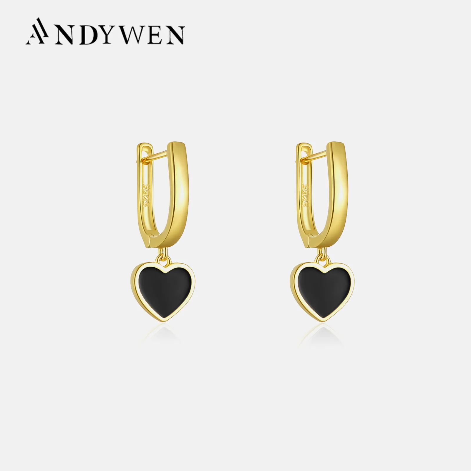 ANDYWEN 925 Sterling Silver Gold Black Enamel Glue Heart Drop Earring Clips Piercing Pendientes Luxury Fine Jewelry Gift