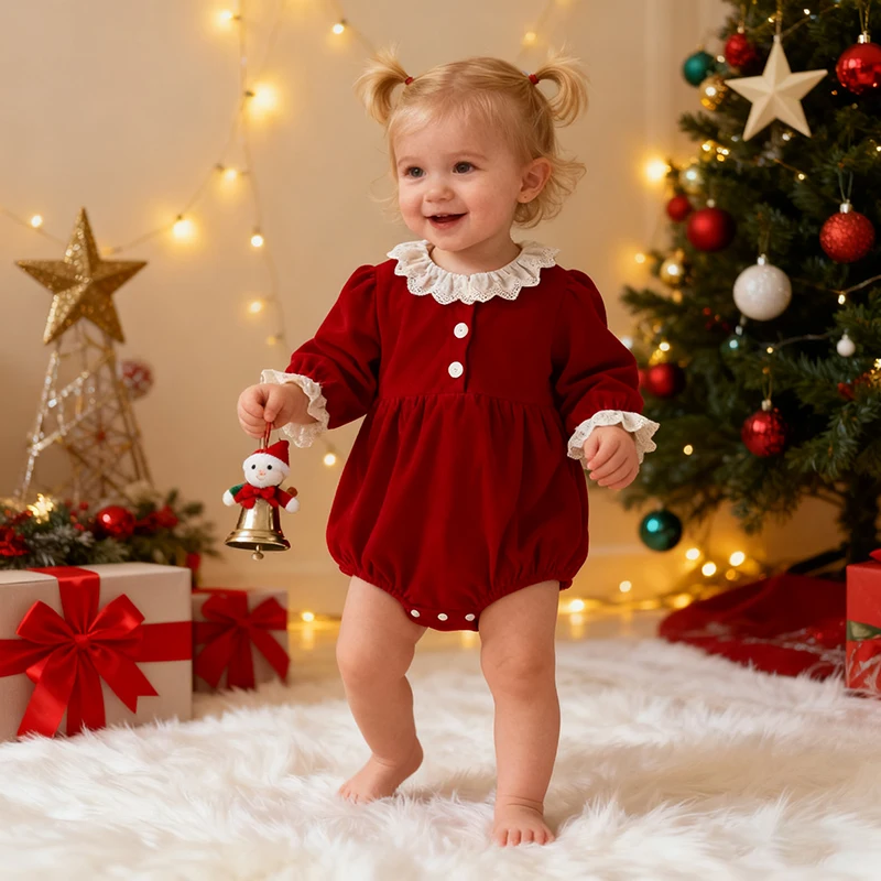 2025 New Christmas Toddler Baby Girls Romper Autumn Long Sleeved Lace Collar Lnfant Baby Jumpsuit 0-24M Children Sweet Clothes