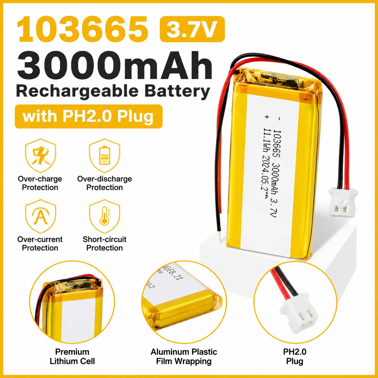 103665 3.7V 3000mAh Polymer Lithium Rechargeable Battery with PH2.0 Plug for Driving Recorder, Bluetooth Speaker, GPS, Camera