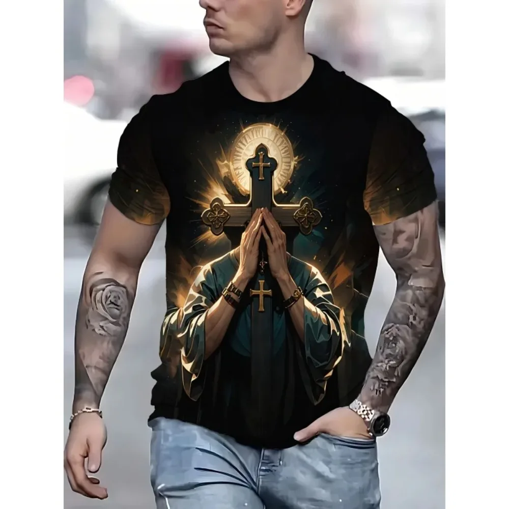 

3D printed T-shirt men's cross pattern of the Virgin Mary T-shirt fashionable and casual loose round neck top T-shirt
