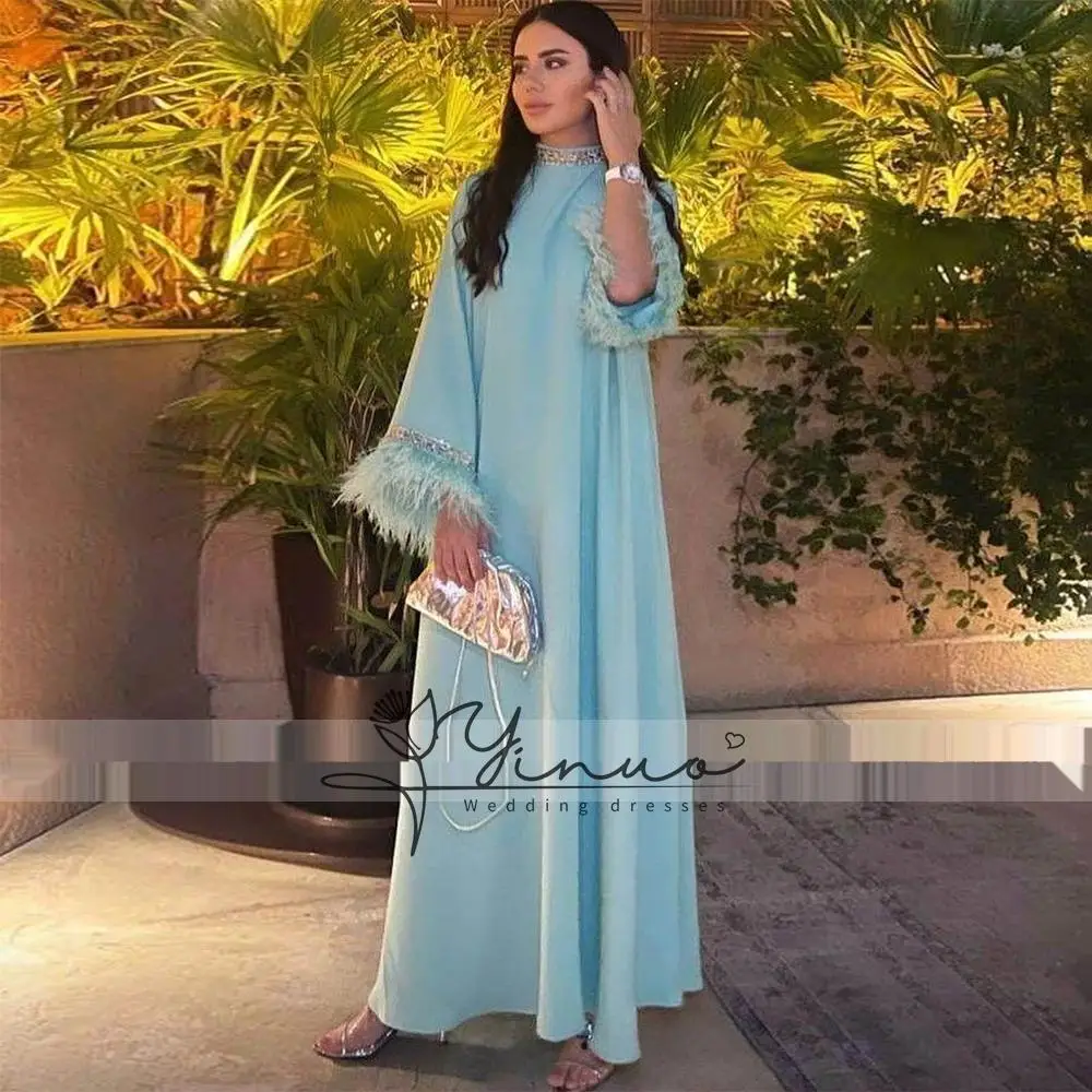 Sky Blue Evening Dresses for Women 2025 Crystal Feather Long Sleeves A Line Evening Gown Long High Collar Luxury Prom Gown