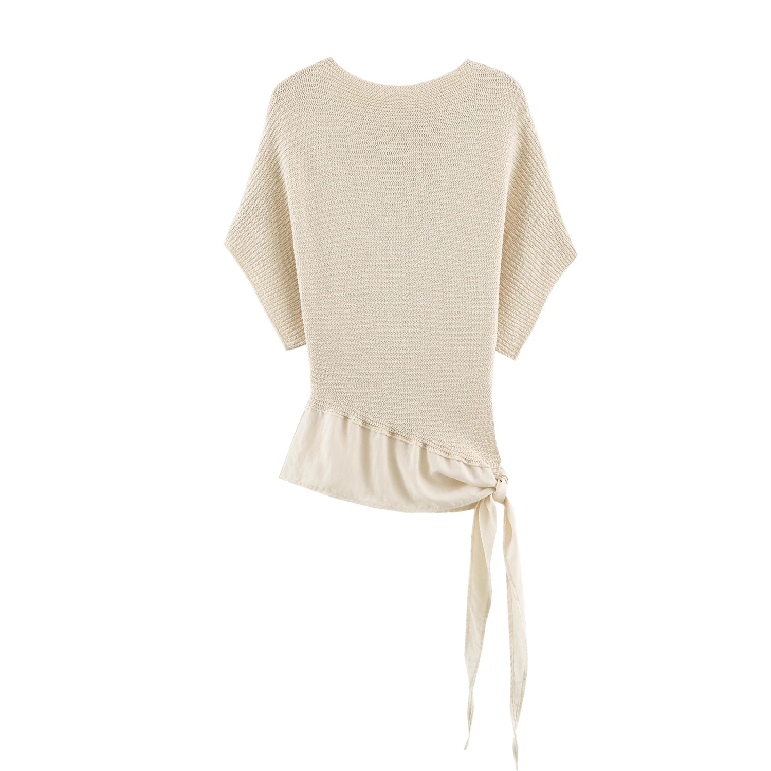 BSAY Korean Lazy Style Women Spliced Knit Top Crew Neck Batwing Sleeve Asymmetric Side Tie Knot Loose Casual Knit Tee For Ladies