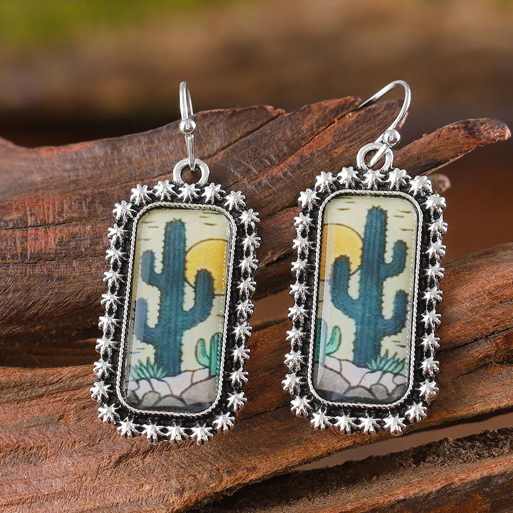 DIY accessories European and American cross-border new bohemian rectangular desert cactus pendant earrings personalized simple e