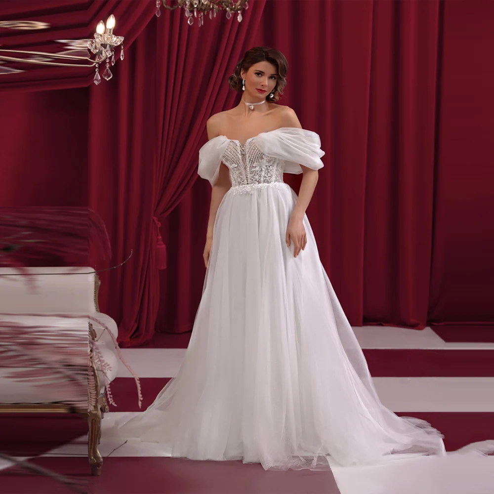 

Off The Shoulder Wedding Dresses For Women Boho Lace Appliques A-Line Bridal Gowns Princess Ball Vestidos De Novias Customized