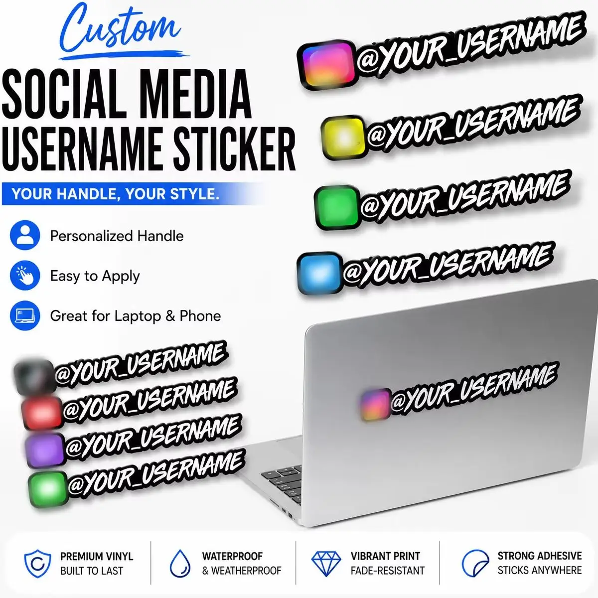 Custom Vinyl Stickers DIY for Car Motorcycle with Usernames IG TK YT FB Decals for Laptop Phone Water Bottle