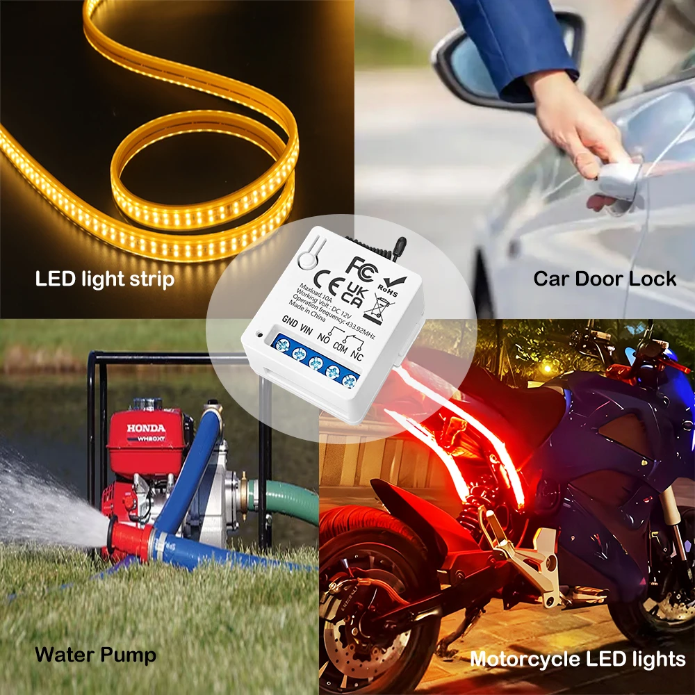 RF Wireless Remote Control Light Switch 433MHz DC 12V 1CH Relay Receiver Transmitter 50m for LED Garage Door System Lock