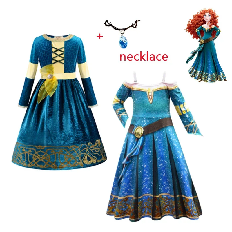 Brave Kids Halloween Fancy Frocks Merida Cosplay Princess Dress Costume Brave Deluxe Girl Christma Outfit Party Clothes necklace