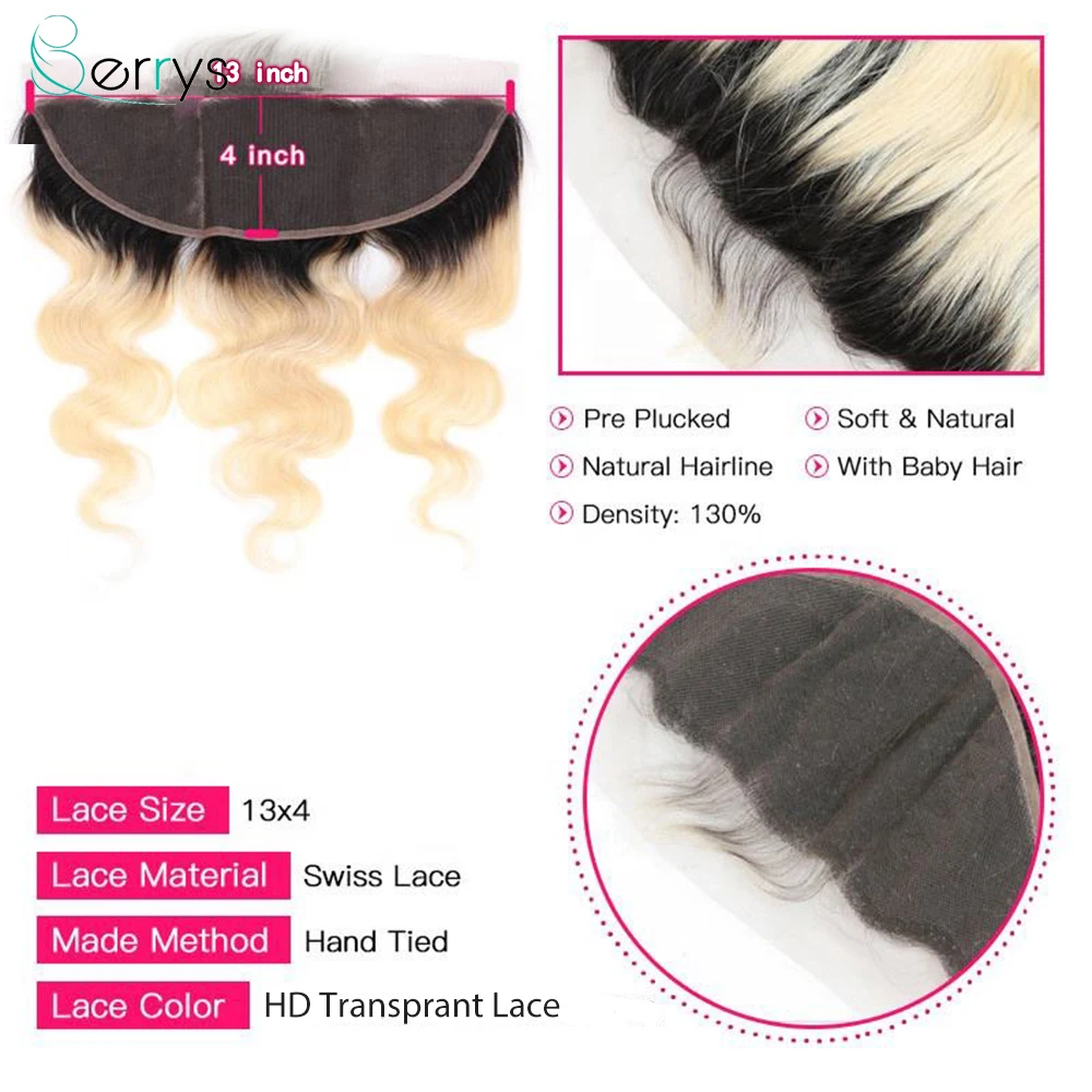 13x6 HD Lace Frontal Human Hair Melt Skins T1B/613 Color Body Wave 13x4 Invisible HD Tranparent Lace Frontal 10-22Inch