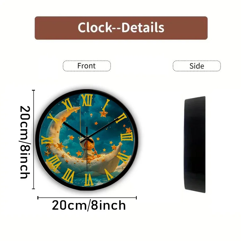 Voyage Of Moon Ship Cartoon Round Silent Hanging Wall Clock, Suitable For Living Room,School,Study Room,Bedroom,Children's Gifts