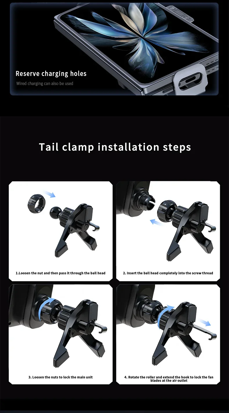 Auto-Ladegerät mit kabelloser Verbindung, automatische Verriegelung, 360°-Drehung ° Drehbarer Schnelllade-Autonavigationsständer für Samsung Z Fold 8/Z Flip 8 7 6 5 Ultra – Detail 18