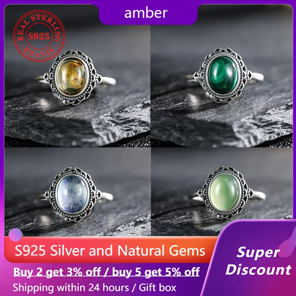 

Retro 925 silver ring for women with natural amber/peacock/aquamarine/moonstone healing energy ring, wedding jewelry adjustable