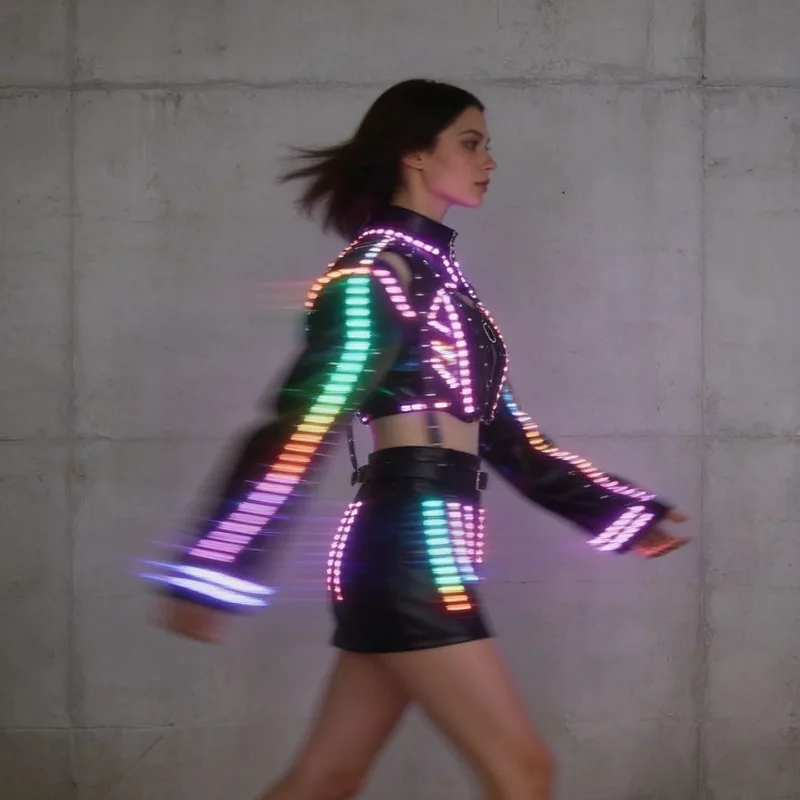 

LED Woman Light Up Halter Crop Top Jacket Skirt Set Sexy Black Punk Nightclub Rave Outfit Gogo Dancer Stage Suit Cosplay Costume