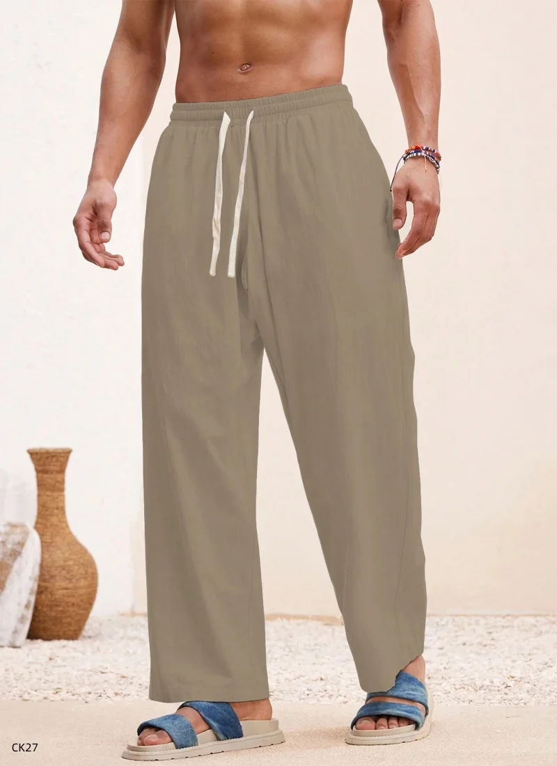 

Мужские брюки из хлопка и льна, модные повседневные брюки, однотонные дышащие свободные шорты, прямые брюки на шнурке, уличная мужская одежда