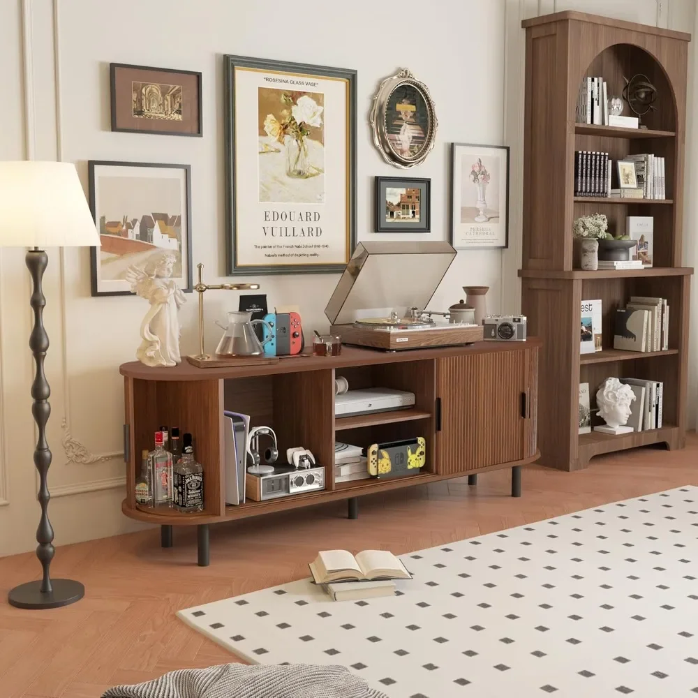 63" Fluted TV Stand for 65/70 Inch, Mid Century Modern Console With Sliding Doors, Curved Gaming Entertainment Center