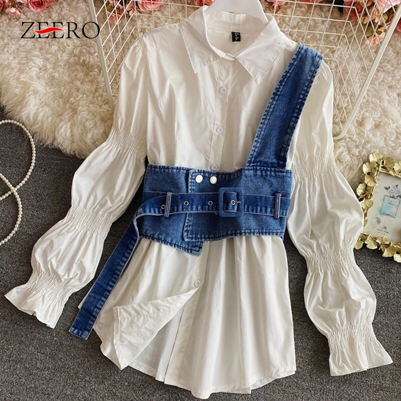 

2023 Korean Spring Summer Clothing Women Vintage Slim Mini Dresses Womens Lapel Bubble Slevee Shirt Dress + Denim Vest Belt Suit