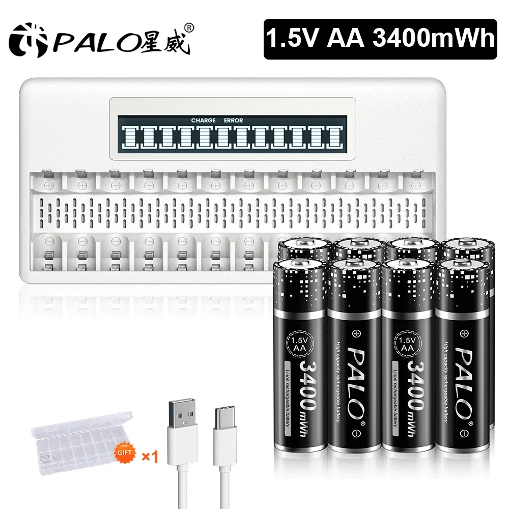 

PALO 1.5V AA rechargeable battery 3400mWh 2A lithium-ion battery with 12 slot intelligent charger for toy keyboard