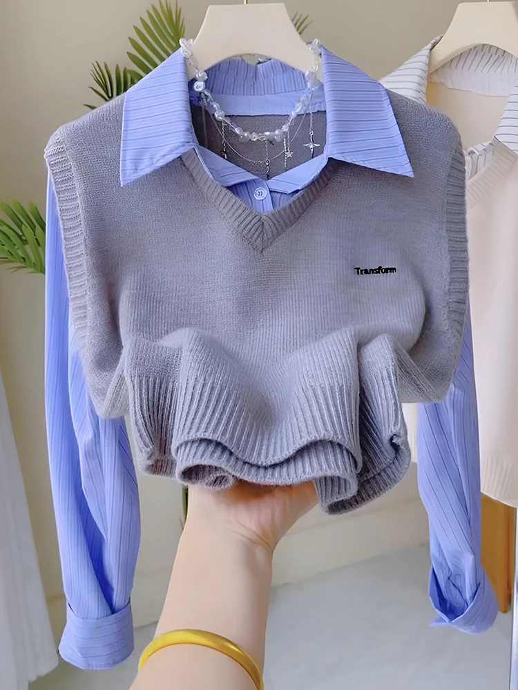بلوزة نسائية أنيقة منسوجة بتصميم مرقع، موديل خريفي جديد، أكمام طويلة، نحيفة، بأسلوب فرنسي
