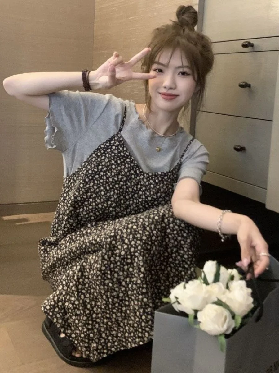 

plus Size Women's Floral Skirt Set Vintage Versatile Strap T-Shirt Long Dress Summer Two-Piece Set Comfortable Breathable Cotton