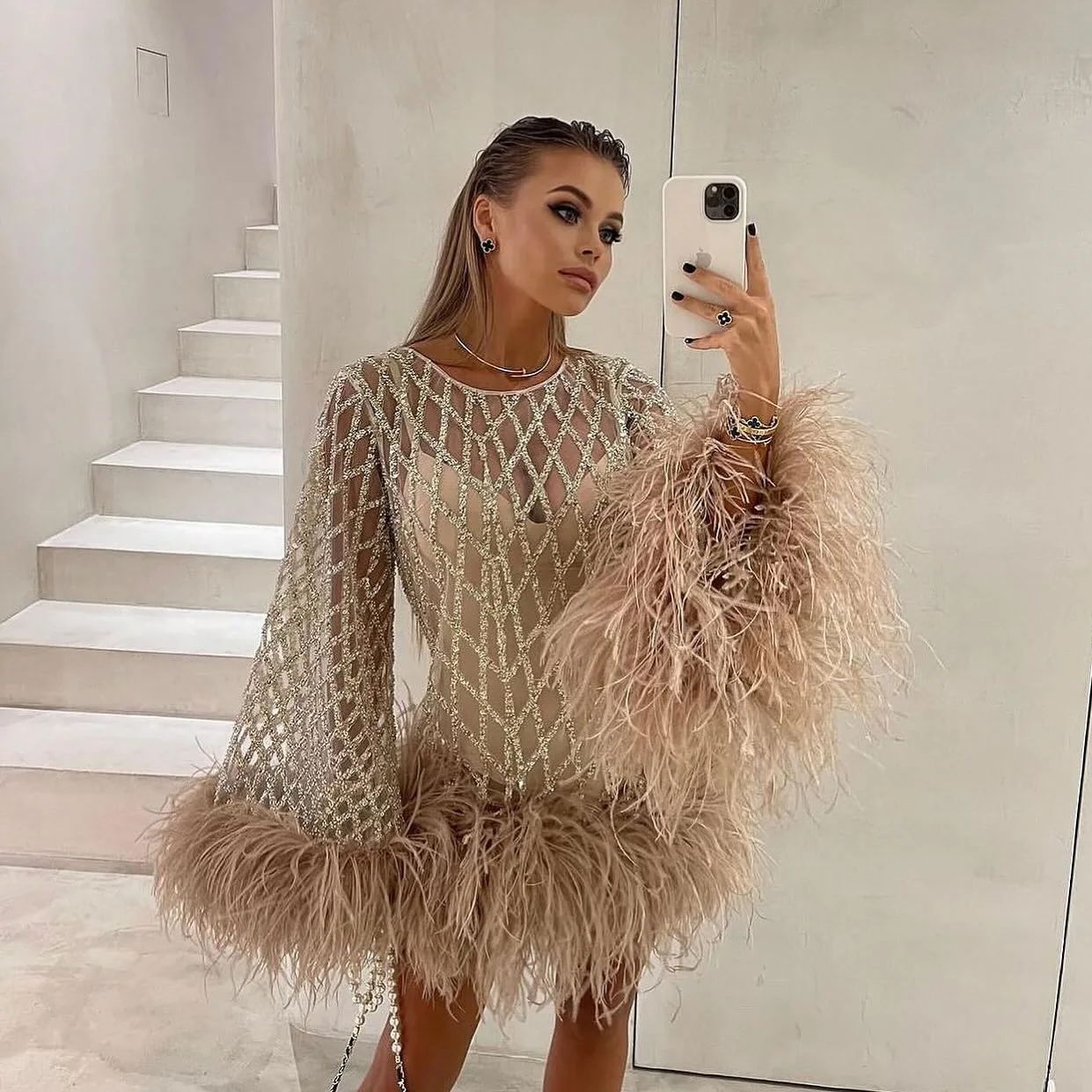 Trendy Khaki Feathers Short Prom Dresses with Lining Shining Grid Lace Women Evening Party Dresses Feather Sleeves Formal Gowns