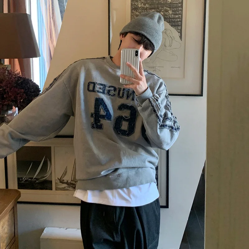 سويت شيرت رجالي مطرز بأحرف من القطن 100%، بلوزات رجالية مغسولة على الطراز الكوري، بلوفرات كاجوال كبيرة الحجم للرجال #1