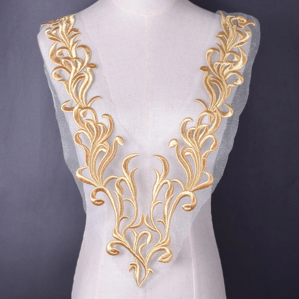 Gold Neckline collar Lace Fabric  Trims Sew On Patches Embroidery For Wedding Appliques Decoration DIY