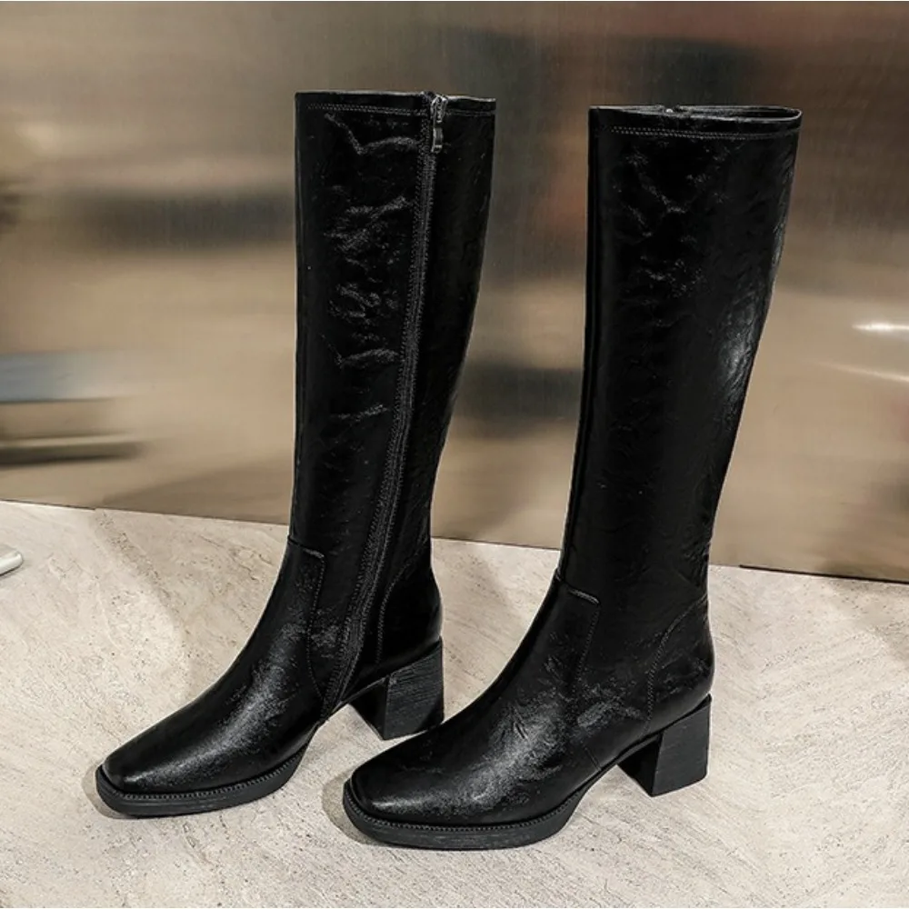 

Женские сапоги, новинка 2025, зимние рыцарские сапоги, женские сапоги на высоком каблуке, коричневые сапоги выше колена на толстом каблуке с квадратной головкой для женщин