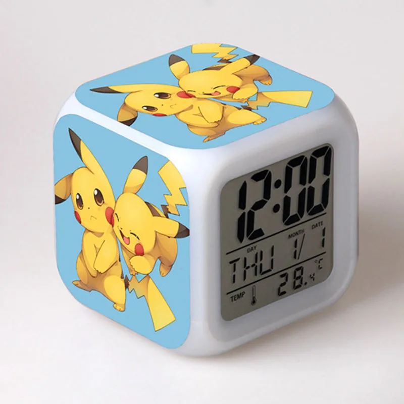 Anime Pikachu Pokemon Luminous LED Colorful Flash Alarm Clock Desk Light With Temperature Action Figures Toys for Children Gifts