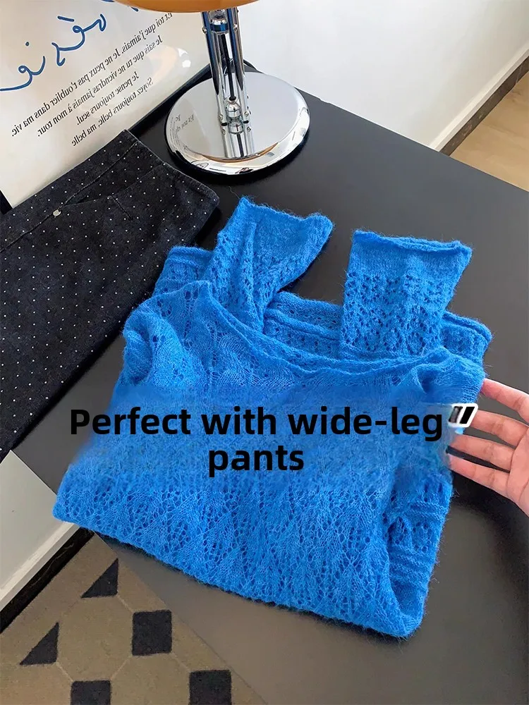 

Klein Blue Hollow out Base Layer Knitted Sweater Women's Autumn Spring Unique Personality Slimming Top Inner Wear Winter