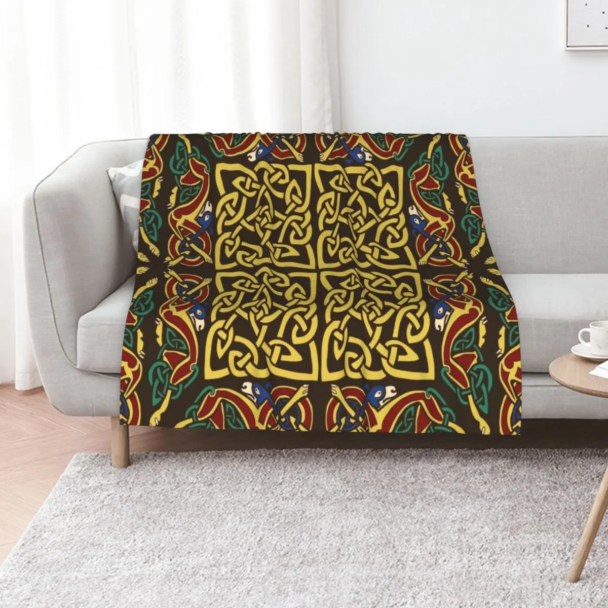 Gold Knotwork Squares and Hounds Border Throw Blanket Bed Fashionable Thin Loose Furry blankets and throws Blankets