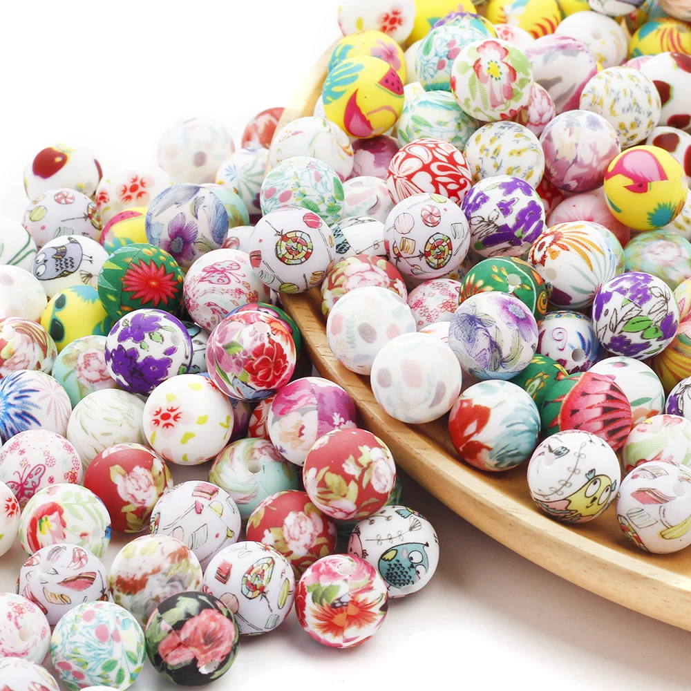 10Pcs New Silicone Beads 15mm Flower Print Round Beads For Making DIY Necklace Bracelet Pacifier Chain Baby teether Accessories