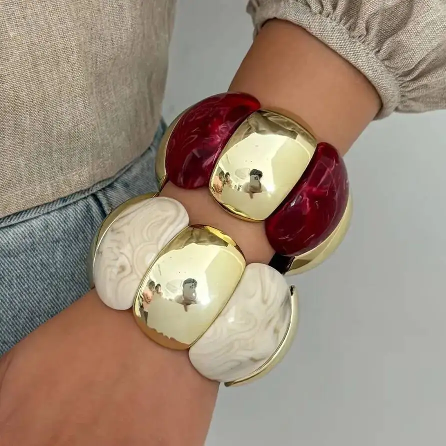 

SHIXIN 4 Styles Boho Colorful Thick Acrylic Bracelets Women Vintage Irregular Resin Wide Bracelet Stackable Elastic Bangle Gifts